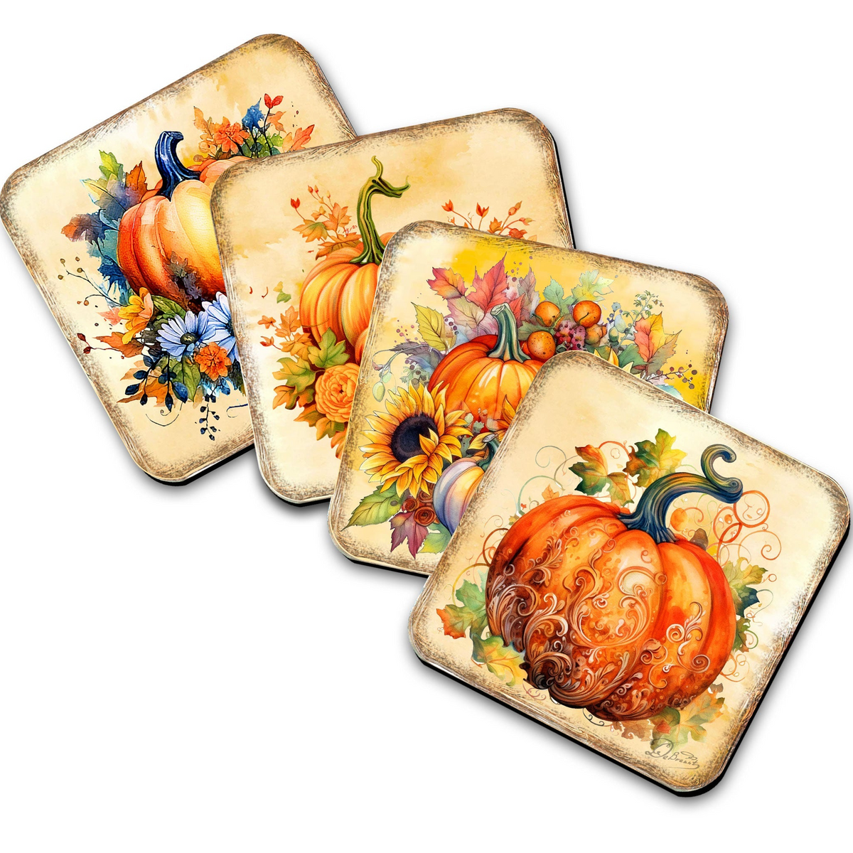 Pumpkin Wooden Cork Coasters Gift Set of 4 by G. Debrekht - Thanksgiving Decor  - 8199447C-S4