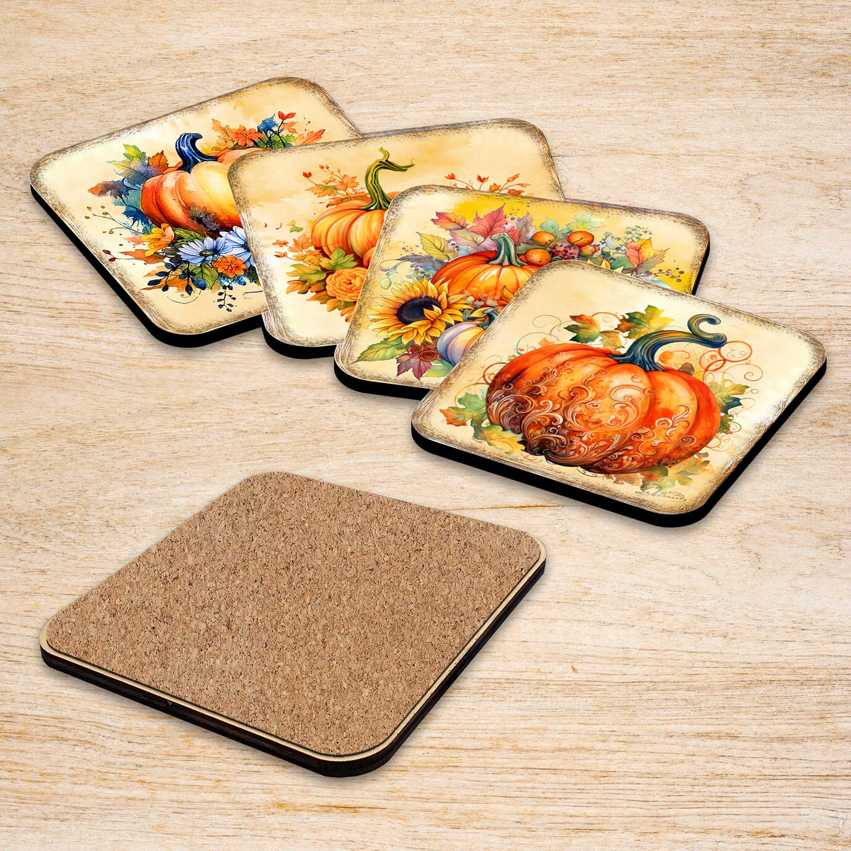 Pumpkin Wooden Cork Coasters Gift Set of 4 by G. Debrekht - Thanksgiving Decor  - 8199447C-S4