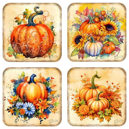 Pumpkin Wooden Cork Coasters Gift Set of 4 by G. Debrekht - Thanksgiving Decor  - 8199447C-S4
