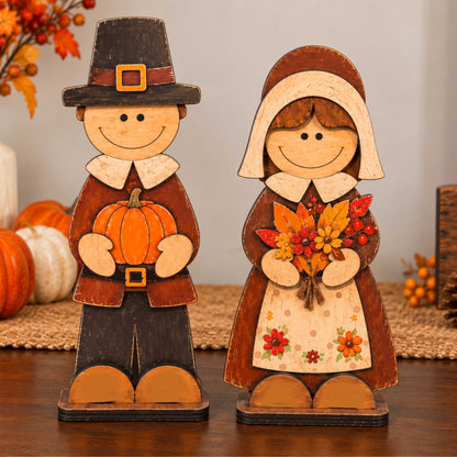 Thanksgiving Pilgrim Couple Wooden Tabletop Decoration Set of 2 – Handcrafted Fall Harvest Décor by G. Debrekht - 862111-OP-S2