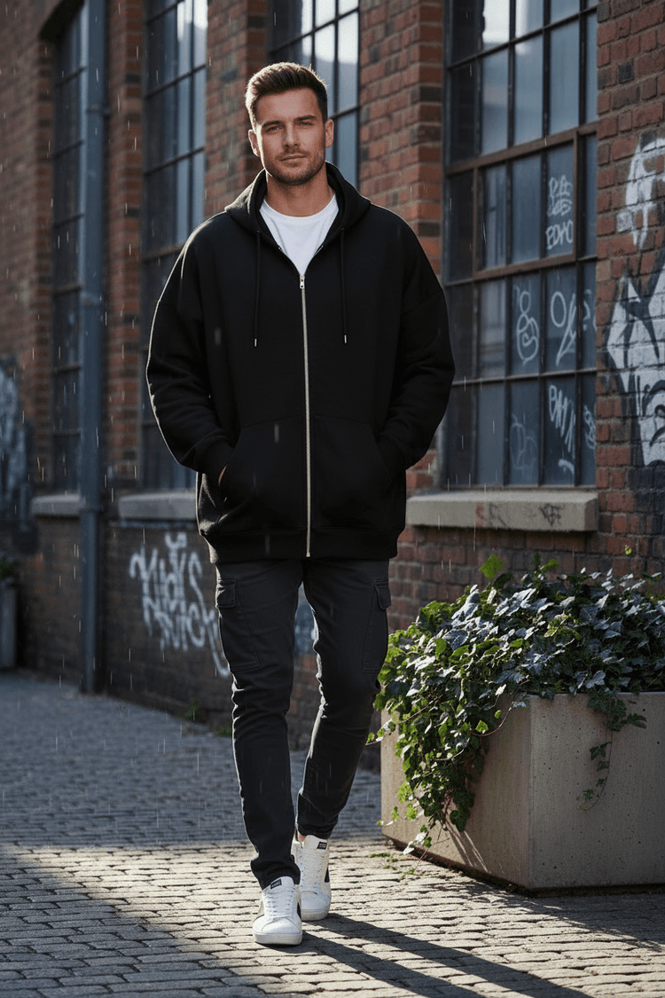 Black Zip-Up Hoodie - Streetwear